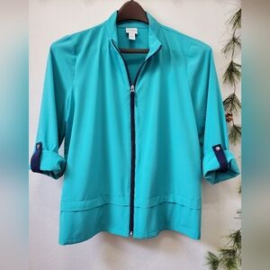 Chico’s Weekends Teal Full Zip Athleisure Jacket Roll Tab Sleeves Size M